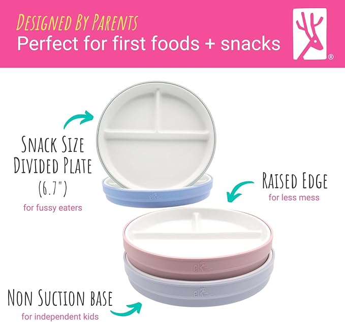 Elk and Friends Kids 6.7??Porcelain Divided Plates with Silicone Sleeves | Suitable for Babies/Kids/Toddlers | Microwave & Dishwasher Safe | Non Slip | Snack Dishes