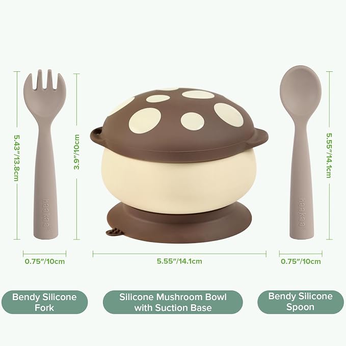 haakaa Silicone Mushroom Bowl & Bendy Cutlery Set – Baby Bowls with Suction & Spillproof Lid, Baby Spoons & Forks for Self Feeding, BPA-Free - Walnut