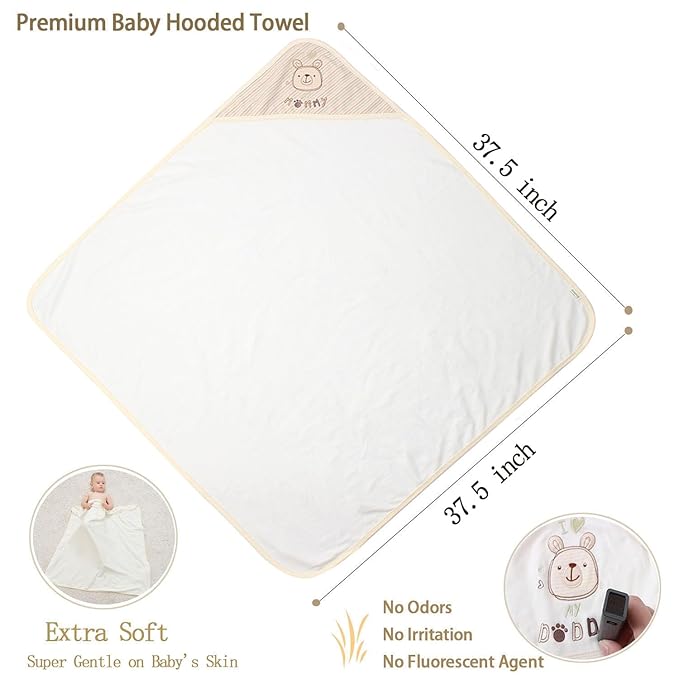 6-Pack Organic Cotton Baby Bath Set - Embroidered Hooded Towel & 5 Soft Washcloths, Ultra Soft Newborn, Toddlers Registry Gift for Boys & Girls, Stripes Bear, 37.5 x 37.5 Inch