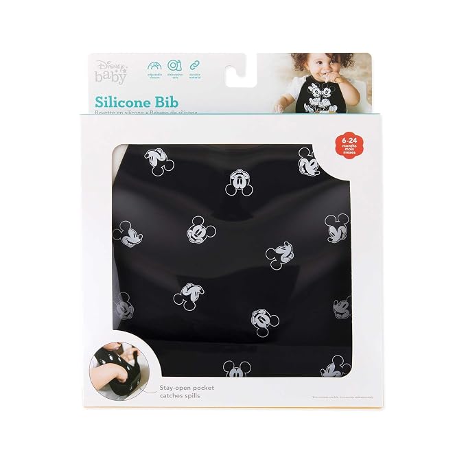 Bumkins Disney Bibs, Silicone Pocket for Babies, Baby Bib for Girl or Boy, for 6-24 Months Up to Toddler, Essential Must Have for Eating, Feeding, Baby Led Weaning Supplies, Mess Saving, Mickey Mouse