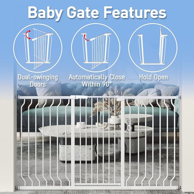WAOWAO Extra Tall 40.55" Baby Gate 29.92-63.38" Wide Pressure Mounted Walk Through Swing Auto Close Safety White Metal Toddler Child Dog Pet for Indoor Stairs,Doorways,Kitche