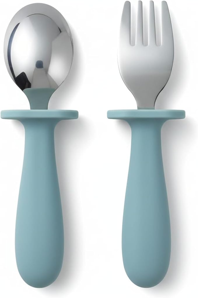 Toddler Stainless Steel Spoon & Fork Set, Non-Slip Silicone Handle, BPA-Free, Self-Feeding (Blue Light)