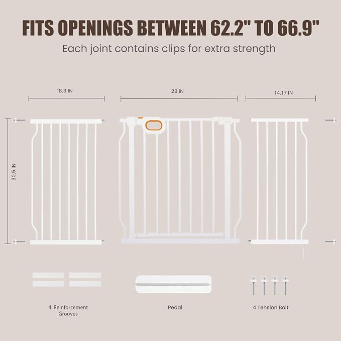 Extra Wide Baby Gate with Door Pressure Mounted 62.2-66.9 Inch,Child Dog Baby Safety Gates for Doorways,Walk Through Dog Gate Indoor for The House Kitchen Stairs No Drilling,White
