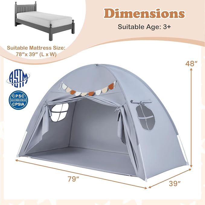 Costzon Toddler Bed Tent, Twin Size Indoor Canopy Tent for Kids w/ 2 Windows, Flag Banner, Brushed Fabric Privacy Playhouse, Portable Play Tent for Bunk Bed, Playroom, Suits 3+ Boys & Girls (Grey)
