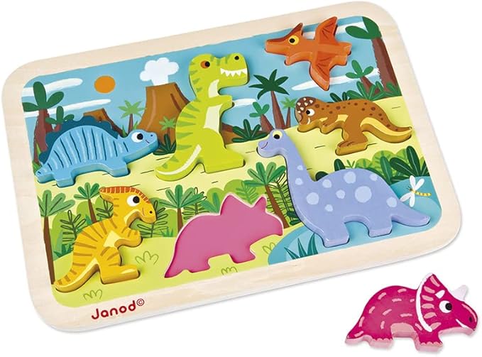 Janod - Dinosaur Chunky Puzzle 7 Pieces - Toddler Playtime - Enhances Motor Skills - Durable Wooden Design - Stimulates Imagination, Vibrant Colors, Educational French Design - J07054