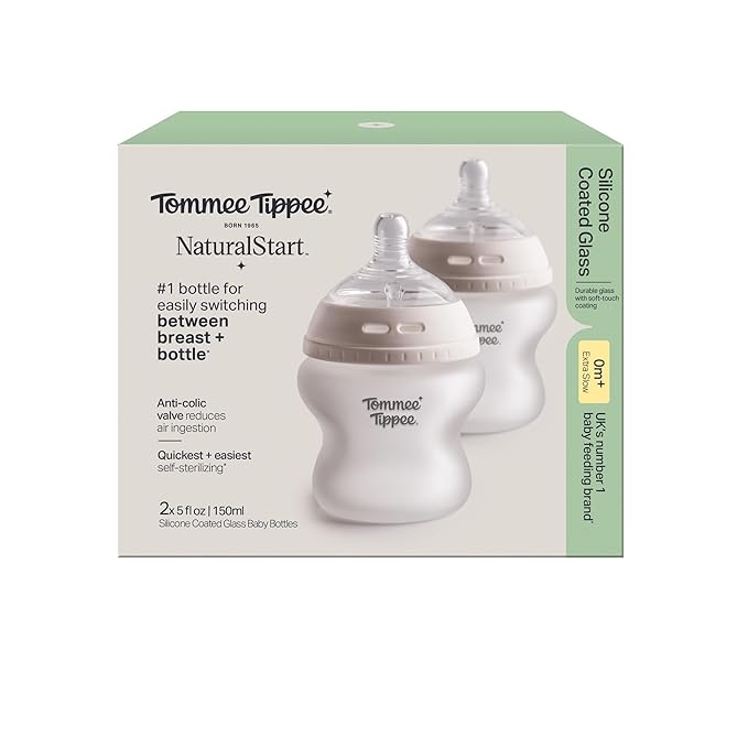 Tommee Tippee Silicone Coated Glass Baby Bottles for Feeding, 5 0z, Anti-Colic, 0+ Months, Slow Flow Breast-Like Nipple, Shatter-Proof Glass, BPA Free, Pack of 2