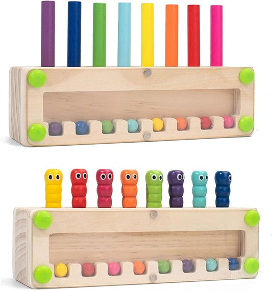 Montessori Color Recognition Wooden Peg Game, Guess Matching Stacking Column Toy,Two piece Set