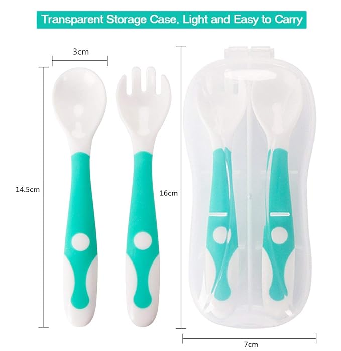 Baby Utensils Spoon Fork Set with Travel Safe Case Toddler Babies Children Feeding Training Spoon Easy Grip Heat-Resistant Bendable Self Feeding Learning Spoon (1 Spoon, 1 Fork)