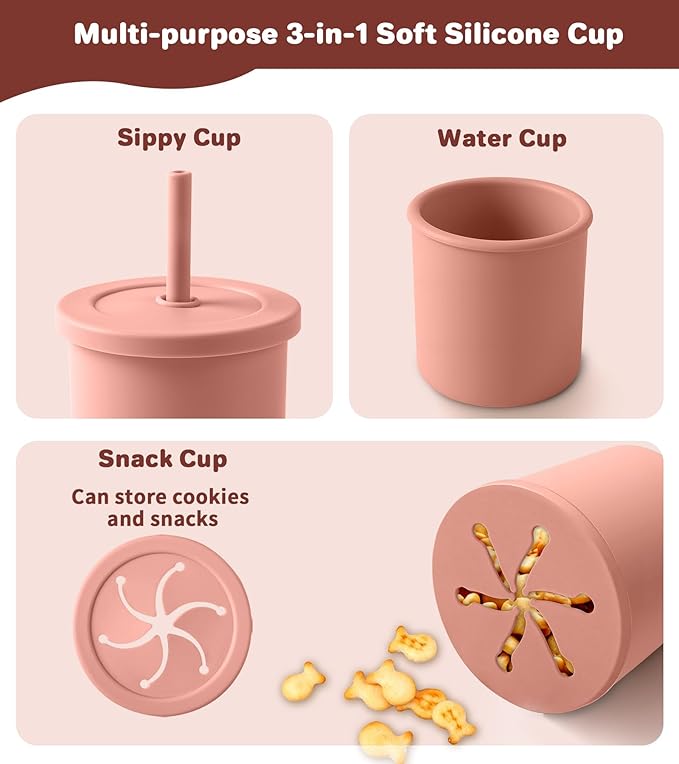 ECLIP Silicone Baby Feeding Set, 10 Pcs Baby Eating Essentials with Suction Bowl Divided Plate Adjustable Bib Soft Spoon Fork Snack Cup with Lid Drinking Cup, Utensil (Brick Red)