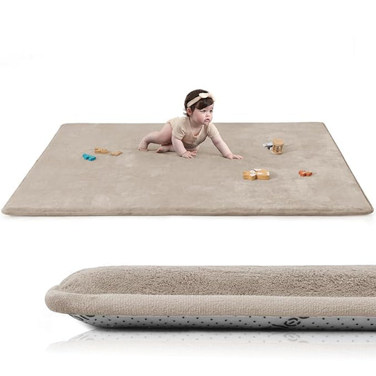Extra Large 79"×158" Baby Play Mat for Floor,1.3" Thick Elasti Foam Playroom Mat for Toddler,Infant,Kids,Ultra Soft Velvet Classroom Rug,Non Slip Backing Safe for Crawling&Tummy Time(Beige)