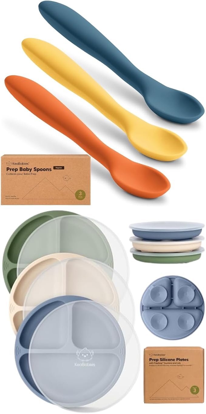 KeaBabies 3-Pack Silicone Baby Spoons and 3-Pack Suction Plates with Lids - Toddler First Food Training Spoon - 100% Silicone Suction Plates with Lids for Babies