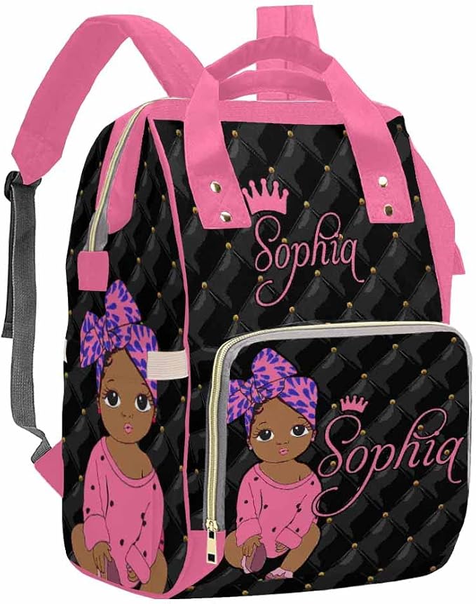 InterestPrint Custom Name Diaper Bag - Personalized Cute Pink Princess Nappy Bag - Customized Diapering Backpack for Casual Daypack Travel, Hiking, Camping, Work