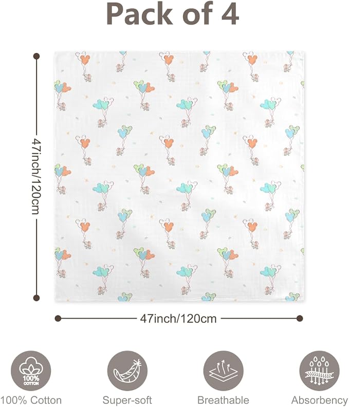 4-Pack Muslin Swaddle Blankets 47x47-100% Cotton Breathable Receiving Blankets for Newborn Baby, Soft Swaddling Wraps, Joyful Jungle Friends