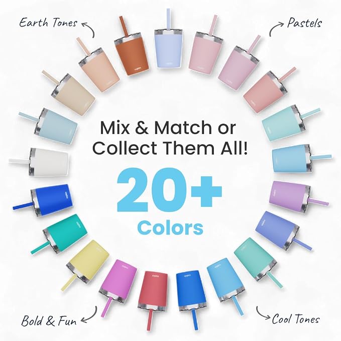 CUPKIN Toddler Tumblers, The Original 12 oz Stackable Stainless Steel Cups, Set of 2 Powder Coated Insulated Kids Water Bottle Alternative & BPA Free Lids + Reusable Silicone Straws (Peach + Teal)