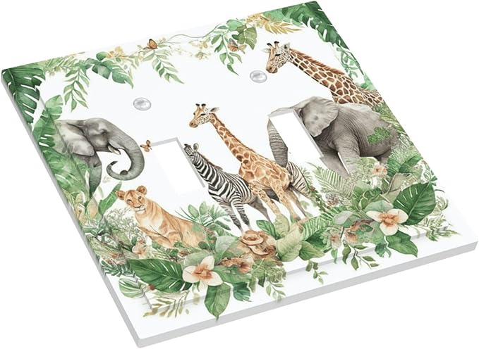 Tropical Leves Safari Animals Giraffe Elephant Zoo Decorative Switch Plates 2 Gang Double Toggle Outlet Light Switch Cover Wall Plate Electrical Faceplate for Kids Room Nursery Decor