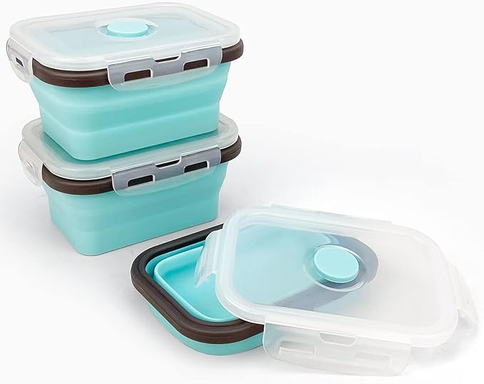 CCyanzi 3piece Collapsible Food Storage Containers with Lids, Silicone Lunch Container, Microwave & Freezer Safe, Space Saving for Kitchen Cabinet and Camping Backpack,(blue gray)