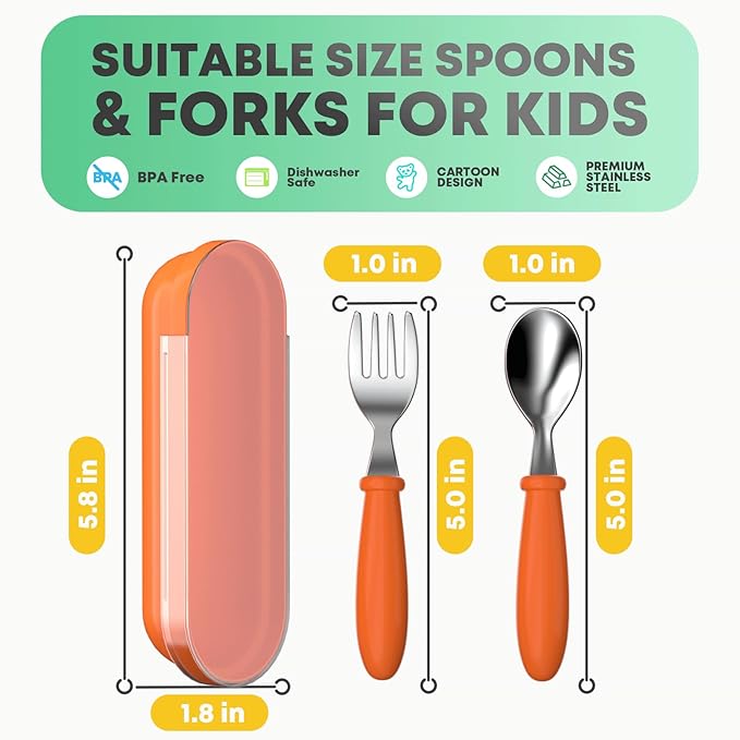 Toddler Utensils, Kids Stainless Steel Silverware Set, Toddler Forks and Spoons, Baby Utensils Set with Storage Box for Self Feeding Safe, Dishwasher Safe (2 Set with Case)