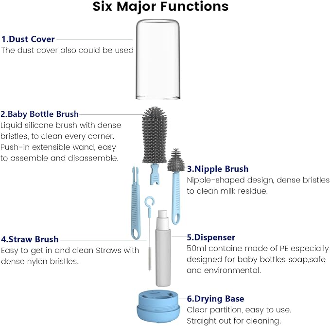 Travel Bottle Cleaner Kit, Silicone Baby Bottle Brush Set with Bottle Brush, Drying Rack, Nipple Brush,Straw Brush,Soap Dispenser, Portable Baby Bottle Brush Cleaner for Home and Travel,Blue