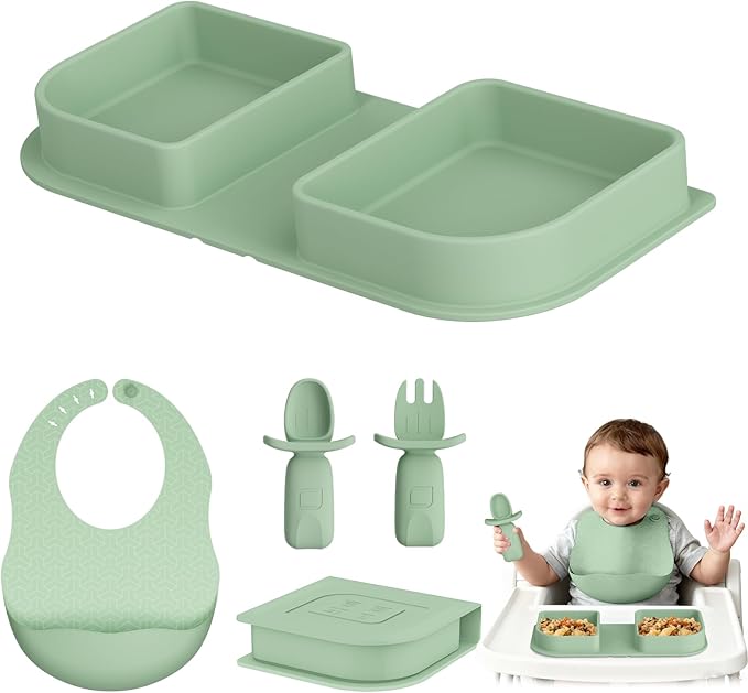 Green Foldable Silicone Baby Feeding Set, Portable Travel Baby Feeding Essentials Including Toddler Plates, Silicone Baby Spoon&Fork, Adjustable Foldable Bib, Portable Infant Toddler Utensils