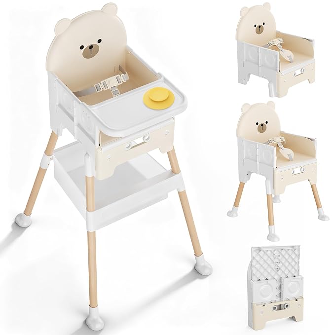 Baby High Chair 3 in 1 High Chairs for Babies and Toddlers Bear Toddler Chair Adjustable Height Highchair with Bib and Storage Bag for Baby Convenient Comfortable Feeding（Beige）
