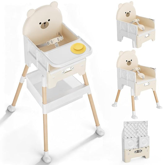Baby High Chair 3 in 1 High Chairs for Babies and Toddlers Bear Toddler Chair Adjustable Height Highchair with Bib and Storage Bag for Baby Convenient Comfortable Feeding（Beige）