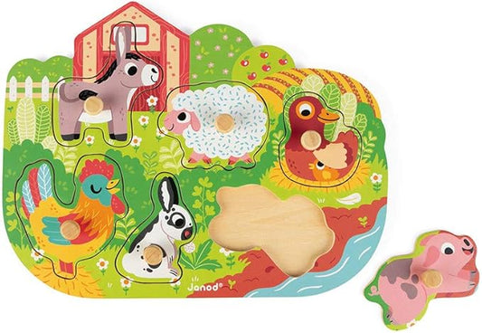 Janod 6 Piece Colorful Happy Farm Wooden Knob Puzzle - Ages 18 Months+ - J07096