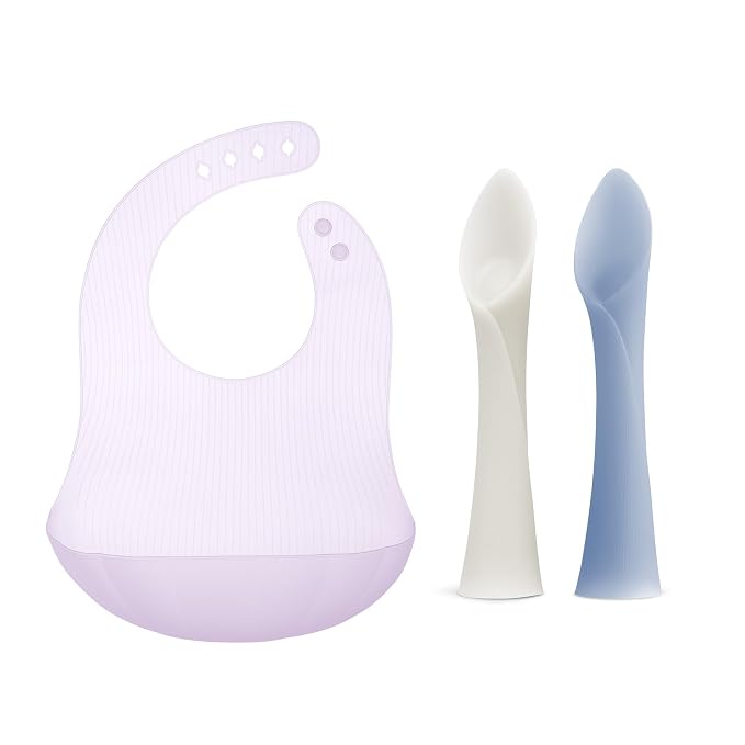 Olababy Training Spoon Set (Pearl/Blueberry) + Fold N Go Silicone Baby Bib w Travel Case (Lilac)
