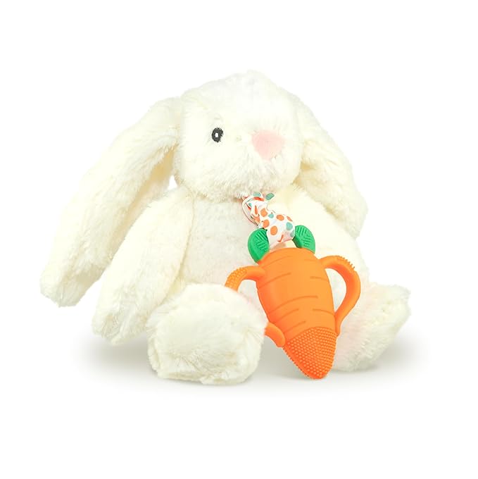 RaZbaby Bunny Snuggly w/Carrot Teething Relief Toy ??Soothes Sore Gums w/Nature-Inspired Texture, 100% BPA-Free Silicone Teether, Soft Minky Stuffed Animal ??All Ages