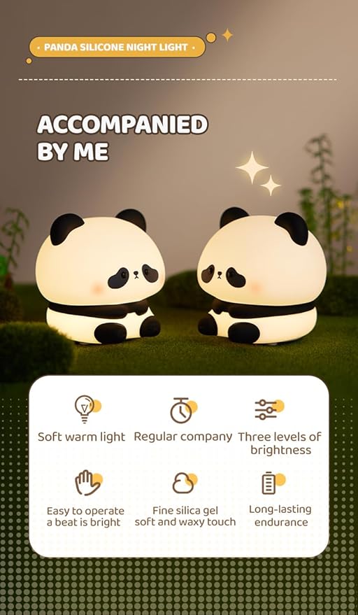 ATSUI Cute Panda Night Light, LED Squishy Novelty Animal Night Lamp, Food Grade Silicone, 3 Level Dimmable Rechargeable Nursery Nightlight for Breastfeeding Toddler Baby Kids, Cute Gifts for Kids