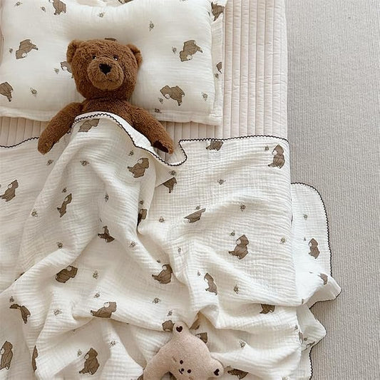 BuLuTu Muslin Cotton Baby Blanket (47"x 51") + Toddler Pillowcase (14"x 20"), Bee Bear Print Toddler Bedding Set