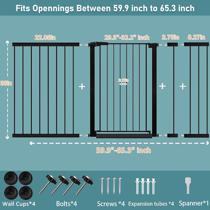 Fairy Baby 38" Extra Tall Dog Gate for Stairs, 59.9"-65.3" Extra Wide Large Walk Thru Baby Gate for Doorway, Long Safety Child Toddler Gate, Metal Auto Close Puppy Cat Gate for the House, Black