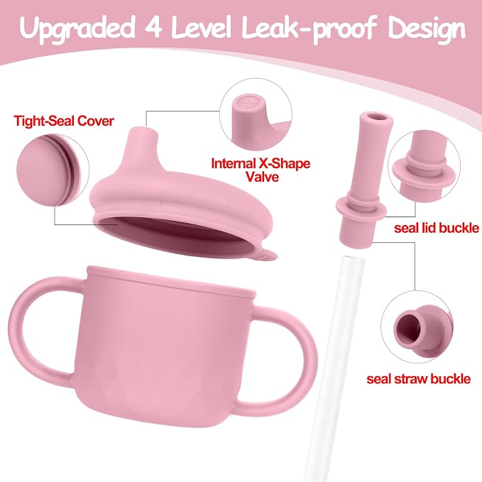 Mity rain 3-In-1 Stainless Steel Sippy Cup for 6+ Month Old, Baby Straw Cups for Toddlers 1-3 with Travel Lid, Silicone Straw, Replacement Straw & Cleaning Brush - 8oz Toddler Cups Spill Proof Set