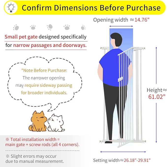 Lumizone Extra Tall Cat Gate 61.02" High Pressure Mounted 26.18"-29.91" Extra Wide 1.37" Gap No Drilling Auto-Close One-Handed Operation Tall Pet Gate for Dogs(White, 61.02" H x 26.18"-29.91" W)