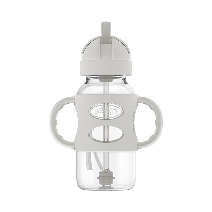 Dr. Brown's Wide-Neck Sippy Straw Bottles with Silicone Handles, Gray and Green, 9oz/270ml, 2-Pack