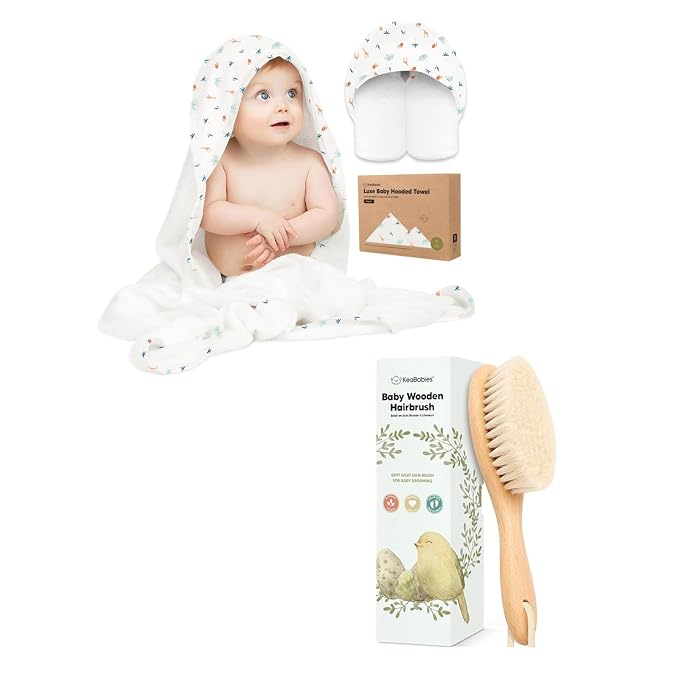 KeaBabies Baby Hooded Towel and Baby Hair Brush - Soft Bath Towels with Hood for Kids and Infant, Wooden Hairbrush with Soft Goat Bristles for Cradle Caps