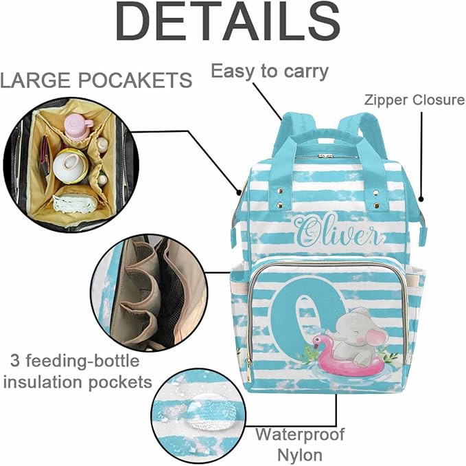 M YESCUSTOM Custom Name & Letter Diaper Bag Personalized Blue and White Stripes Mommy Bag Backpack Customized Baby Bag with Cute Animal