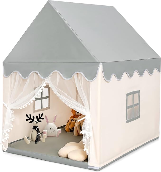 Costzon Kids Play Tent, Large Playhouse w/Washable Mat, Windows, Solid Wood Frame, Indoor Outdoor Princess Tent for Children Boys & Girls, Castle Fairy Tent, Holiday Birthday Gift (Beige)