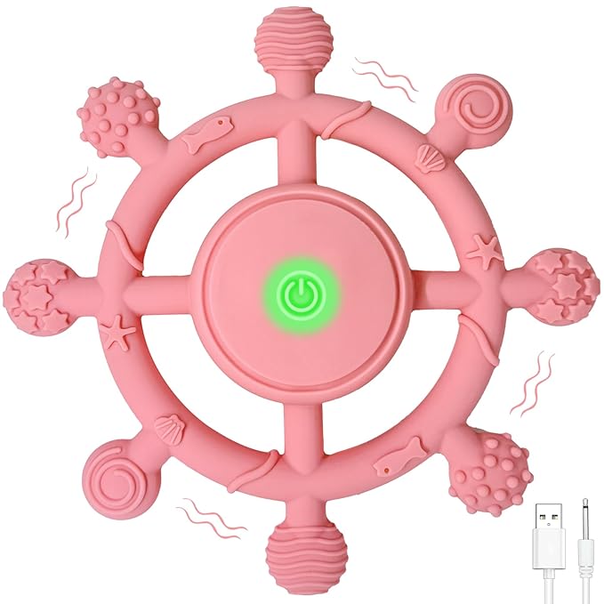 YOFUN 3-Speed Vibrating Baby Teether ??Soothing Silicone Teething Toy for Infants 3M+, Food-Grade, USB Rechargeable ??Soft & Safe Gum Relief for Babies (Pink)