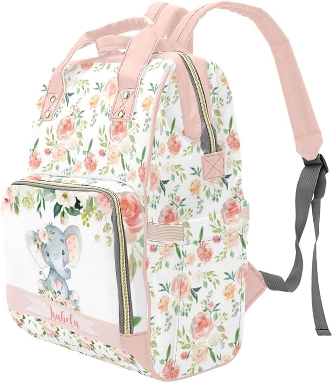 Custom Name Diaper Bag Customized Floral Elephant Mommy Nappy Bags with Multi Pocket & Large Capacity Personalized Nappy Changing Bag Nursing Mommy Daypack with Multi Pockets for New Mom