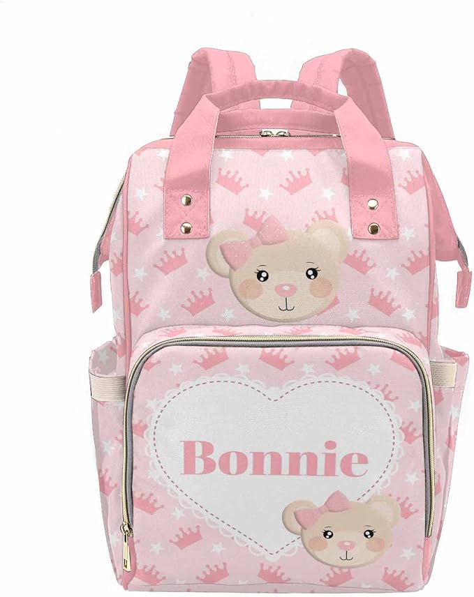 M YESCUSTOM Personalized Pink Crown Print Diaper Bag Custom Multi Function Name Mommy Bag Customized Gift for Mothers Day Fathers Day (Pink)