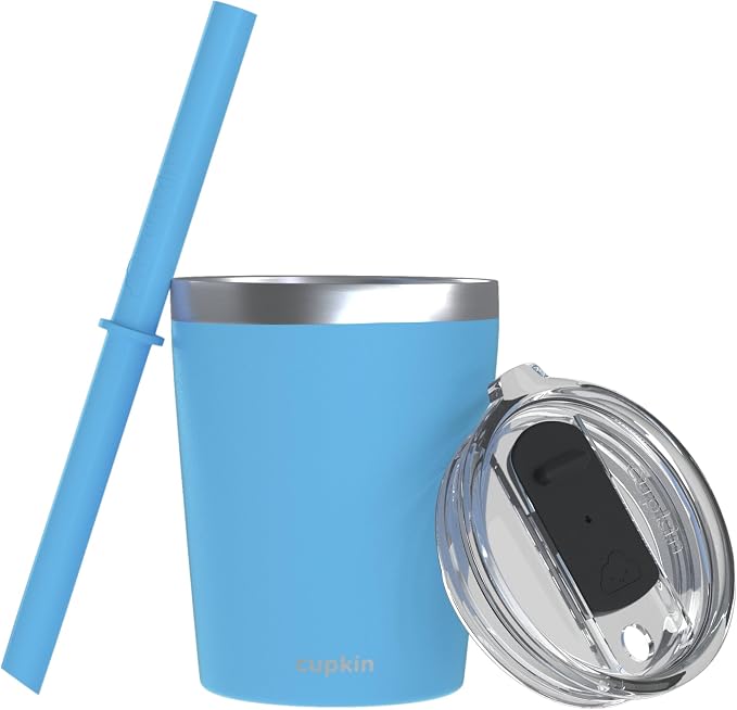 CUPKIN Stackable Stainless Steel Kids Cup Smoothie Tumbler, Powder Coated Insulated Tumblers, BPA Free Lid and Silicone Straw 8 Fl Oz (Pack of 1), Bright Blue