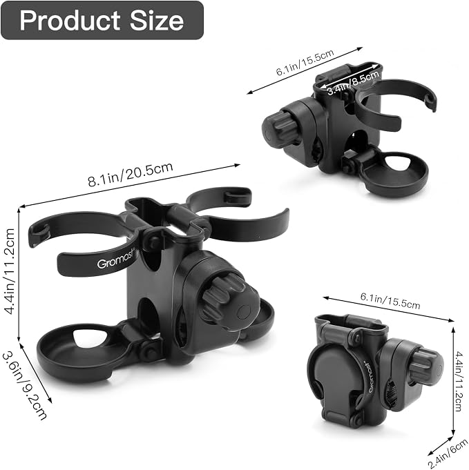 Gromast 3 in 1 Foldable Stroller Cup Holder with Phone Holder, 360° Rotatable Bottle Holder, Universal Cup Holder for Baby Stroller, Tricycle - Black