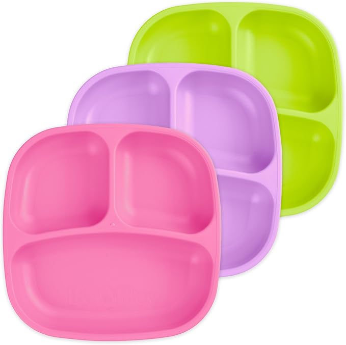 Re-Play Toddler Plates with Dividers - Deep-Walled 3 Compartments Divided Plates for Kids - Dishwasher & Microwave Safe - Made in USA - Set of 3-7.37" x 7.37" x 1.25" - Butterfly