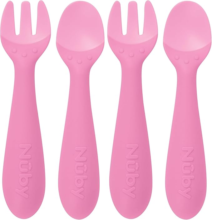 Nuby Silicone Easy Grip Fork & Spoon Set, 12+m in Pink (Pack of 2)