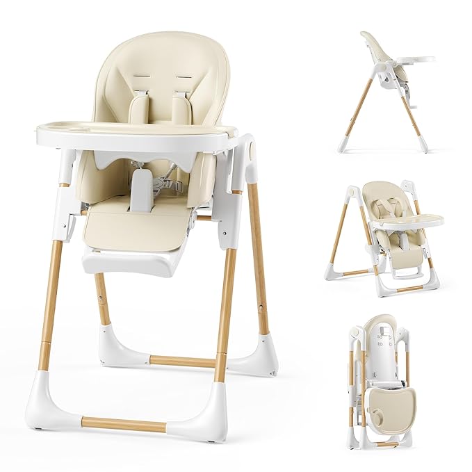 Kinder King Convertible High Chair for Babies & Toddlers, Adjustable Baby Feeding High Chair with Removable Double Tray, Simple Compact Fold for Space-Saving, 2 Built-in Wheels, Easy to Clean