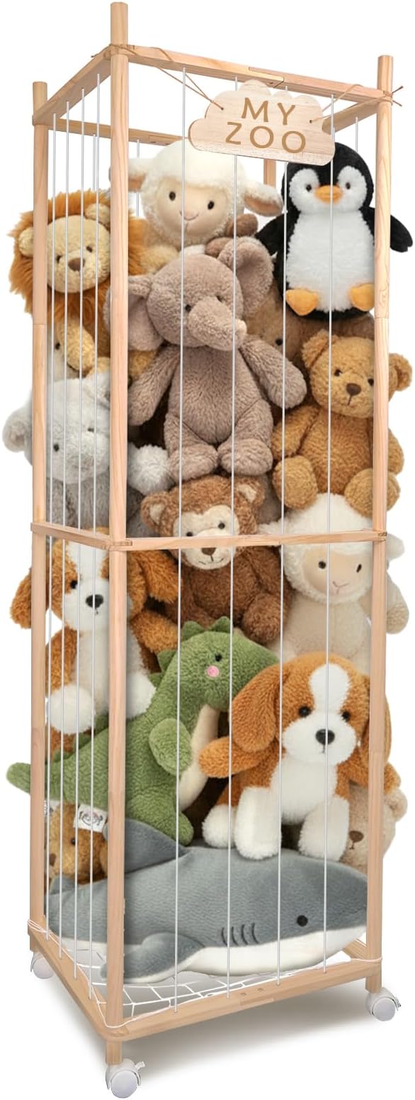 Stuffed Animal Storage Zoo with Wheels, 64" Wooden Large Stuff Animals Plushies Holder Toy Organizer Kids Plush Storage Cage with Elastic Band and Net for Nursery Playroom Corner for Toddler