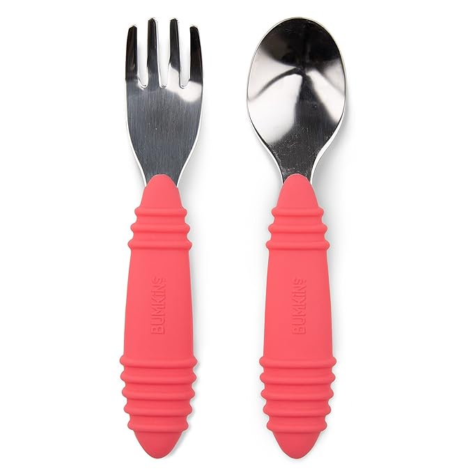 Bumkins Toddler Utensils, Kids Size Fork and Spoon Set, Silicone and Stainless-Steel Training Silverware, Angled Forks / Sporks for Self-Feeding, Children Hold Learning to Eat, 18 Months Up, Red