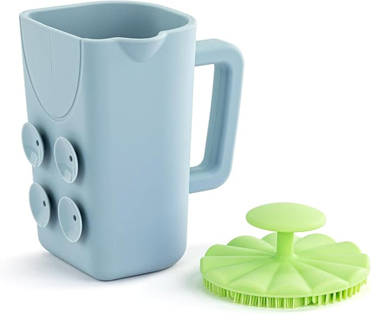 DEMDACO Love to Play Collection Baby Bath Rinse Cup and Silicone Scalp Scrubber Set - Gentle Hair Washing Aid for Infants & Toddlers Soft Silicone Kids' Brush & Ergonomic Rinse Pitcher, Green