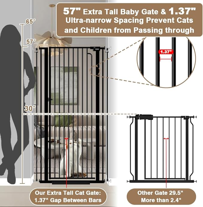 57" Extra Tall Pet Gate for Cats Dogs-29.5"-38.5" Extra Wide Cat Gate for Doorways and Stairs-1.37" Ultra Narrow Spacing Pressure Mounted Dog Gate with One-Handed Operation(29.5"-38.5")