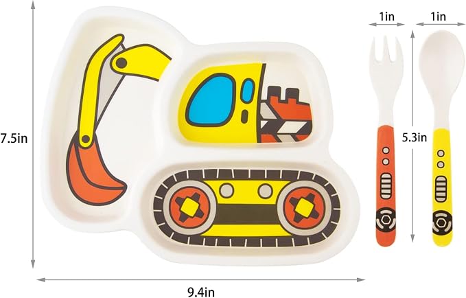 Kids Plate Set, Included Plate Fork and Spoon 3-Piece Set - Toddler Plates Dinnerware Dinner Dish Set Baby Feeding Divided Plate - Child Portion Control Dish Tray (Excavator)